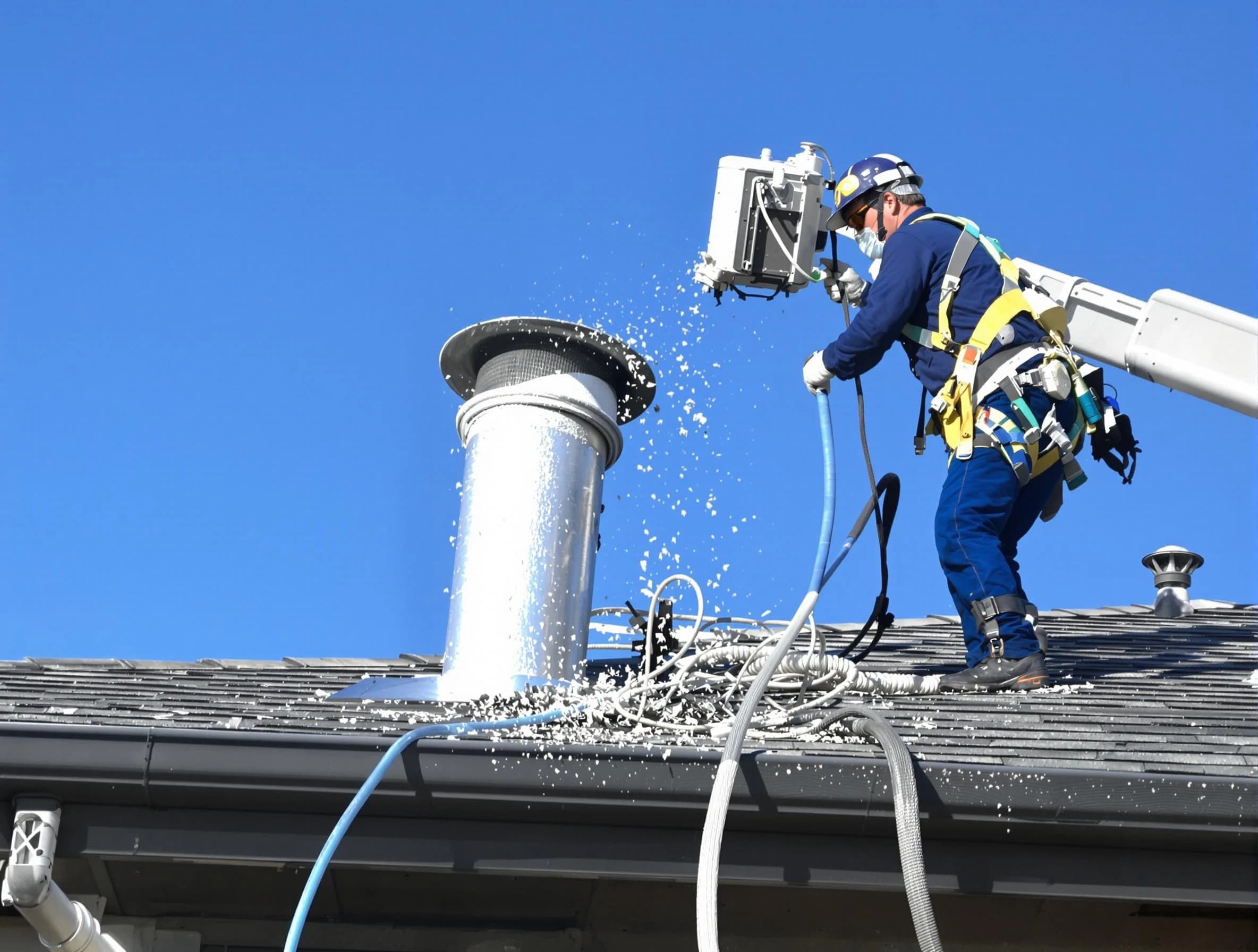Evergreen Dryer Vent Cleaning certified technician safely cleaning a roof-mounted dryer vent in Evergreen