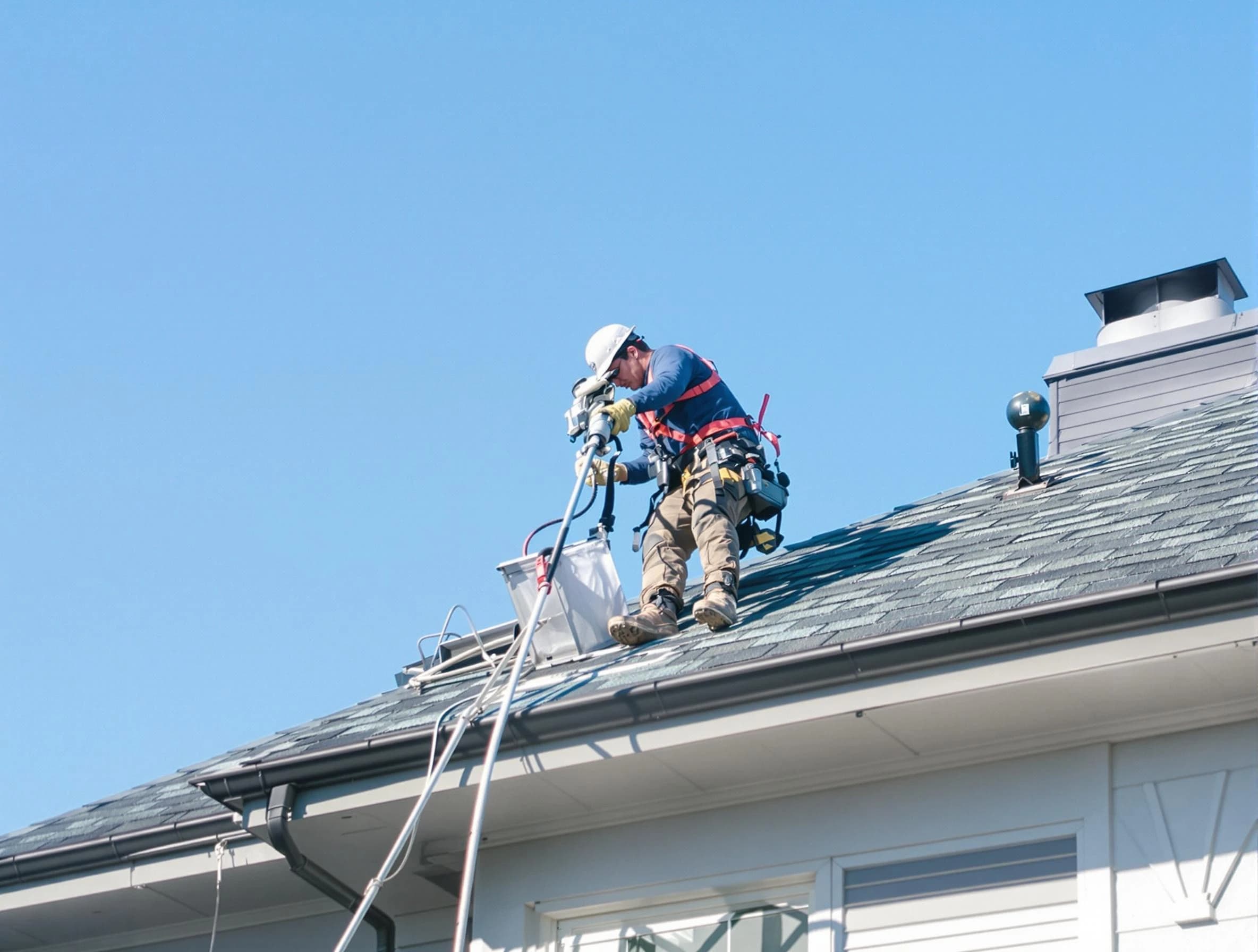 Evergreen Dryer Vent Cleaning certified technician cleaning a roof-mounted dryer vent system in Evergreen