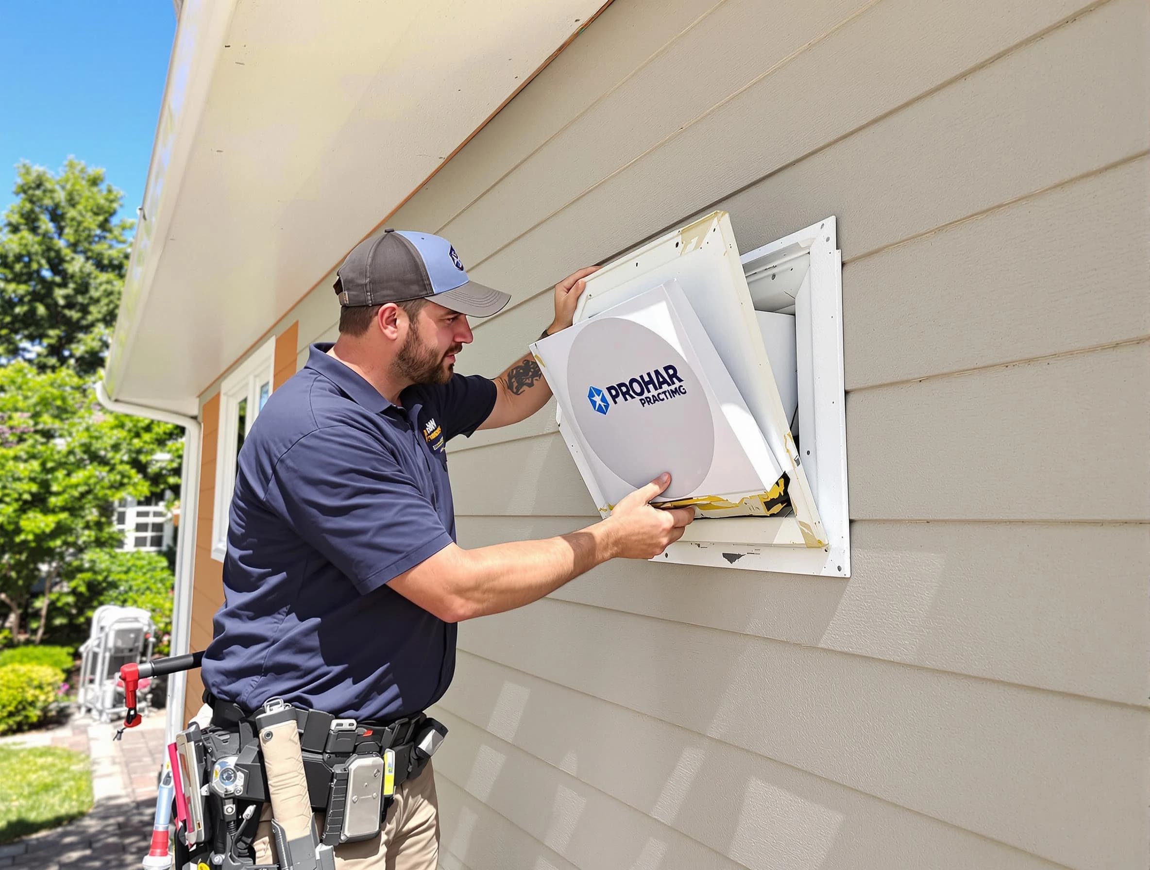 Evergreen Dryer Vent Cleaning technician installing a new protective dryer vent cover on a home in Evergreen