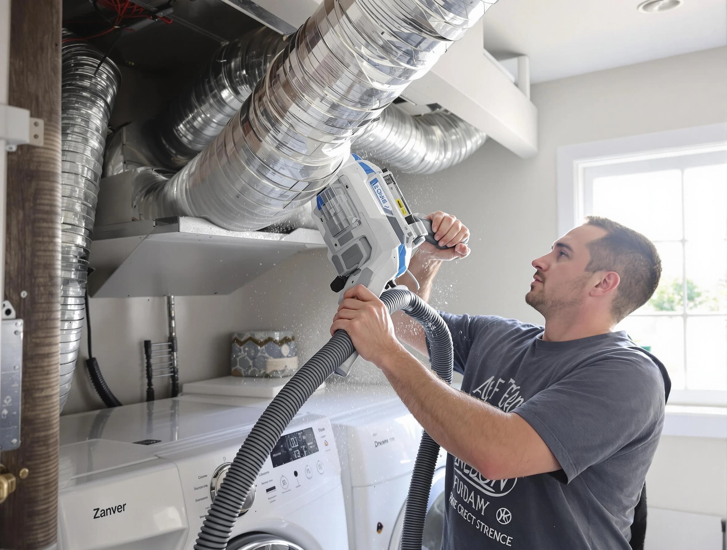 Evergreen Dryer Vent Cleaning specialist cleaning deep within a dryer vent duct system in Evergreen