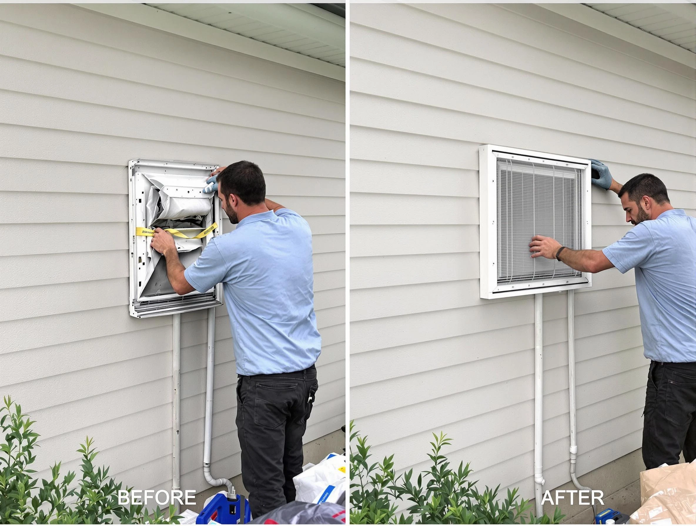 Evergreen Dryer Vent Cleaning technician installing high-quality dryer vent cover at a residential property in Evergreen